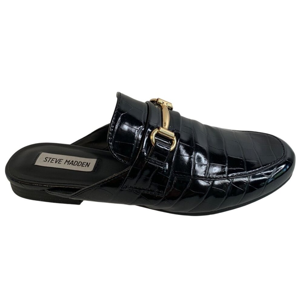 Steve Madden Black Croc Embossed Slip On Mules Horsebit Slides 8.5M GUC